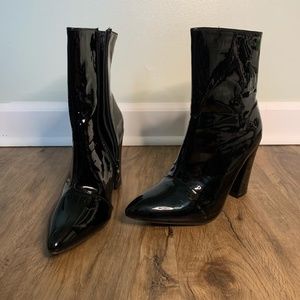 Leather look black ankle wedge heel boots size 5.5